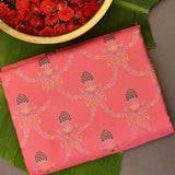 Kanjivaram Silk Saree In Coral Red With Multicolour Floral Buttas And Contrast Antique Gold Medallion Border