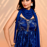 Azure Blue Satin Silk Floral Printed Anarkali Set