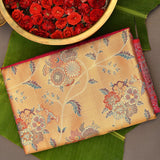 Mustard Gold Kanjivaram Silk Saree With Red Border And Multicolour Floral Medallion Weave