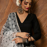 Jet Black Cotton Salwar Set With Polka Dot Organza Dupatta
