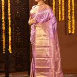 Lavender Geometric Waves And Gold Zari Border Kanjivaram Silk Saree