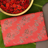Kanjivaram Silk Saree In Coral Red With Silver Zari Floral Jaal And Contrast Deep Green Gold Medallion Border