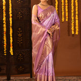 Lavender Geometric Waves And Gold Zari Border Kanjivaram Silk Saree