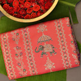 Kanjivaram Silk Saree In Orange Red With Multicolour Elephant Shikargah And Contrast Purple Paisley Floral Border