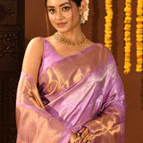 Lavender Geometric Waves And Gold Zari Border Kanjivaram Silk Saree