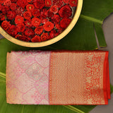 Pink Kanjivaram Silk Saree With Red Border And Gold Zari Floral Lattice Weave