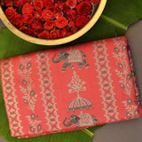 Kanjivaram Silk Saree In Orange Red With Elephant Shikargah And Contrast Purple Multicolour Paisley Border