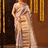 Rose Mauve With Pink And Teal Geometric Zari Pallu On Kanjivaram Silk Saree