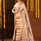 Rose Mauve With Pink And Teal Geometric Zari Pallu On Kanjivaram Silk Saree
