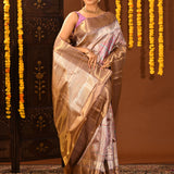 Rose Mauve With Pink And Teal Geometric Zari Pallu On Kanjivaram Silk Saree