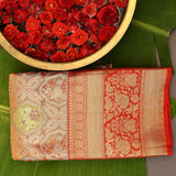 Rust Orange Kanjivaram Silk Saree With Red Border And Multicolour Floral Medallion Weave