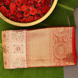 Gold Kanjivaram Silk Saree With Cream Floral Pallu And Red Zari Border