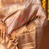 Rose Mauve With Pink And Teal Geometric Zari Pallu On Kanjivaram Silk Saree