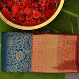 Pure Kanjivaram Silk Saree — Peacock Blue With Maroon Contrast Border & Gold Zari Floral Pallu