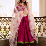 Magenta Rose Printed Silk Blend Anarkali Set With Olive Border