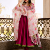 Magenta Rose Printed Silk Blend Anarkali Set With Olive Border