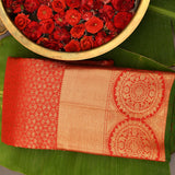 Red Kanjivaram Silk Saree With Gold Medallion Border And Green Edge