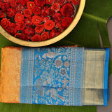 Orange Kanjivaram Silk Saree With Peacock Blue Bird Motif Border