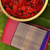 Pure Kanjivaram Silk Saree — Hot Pink With Royal Purple Zari Border & Geometric Pallu