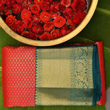 Pure Kanjivaram Silk Saree — Tomato Red With Peacock Green Zari Border & Peacock Motif Pallu