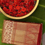 Rust Orange Kanjivaram Silk Saree With Maroon Border And Gold Zari Paisley Weave