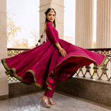 Magenta Rose Printed Silk Blend Anarkali Set With Olive Border