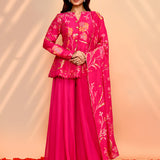 Deep Pink Tissue Silk Floral Peplum Set