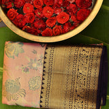 Pink Kanjivaram Silk Saree With Blue Floral Motifs And Black Zari Border
