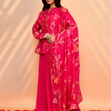Deep Pink Tissue Silk Floral Peplum Set