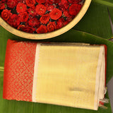 Pure Kanjivaram Silk Saree — Red With Cream Gold Zari Border & Antique Gold Paisley Pallu