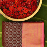 Exquisite Dark Brown And Pink Kanjivaram Silk Saree With Gold Zari Floral Weave