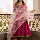 Magenta Rose Printed Silk Blend Anarkali Set With Olive Border