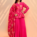 Deep Pink Tissue Silk Floral Peplum Set