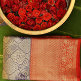 Navy Blue Kanjivaram Silk Saree With Red Border And Gold Zari Floral Weave