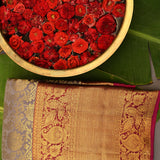 Grey Kanjivaram Silk Saree With Magenta Pallu And Gold Paisley Border