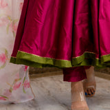 Magenta Rose Printed Silk Blend Anarkali Set With Olive Border