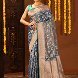 Regal Ocean Blue Floral Meenakari Jaal Banarasi Silk Saree