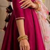 Magenta Rose Printed Silk Blend Anarkali Set With Olive Border