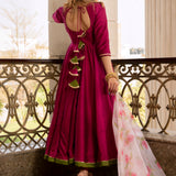 Magenta Rose Printed Silk Blend Anarkali Set With Olive Border