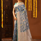 Regal Ocean Blue Floral Meenakari Jaal Banarasi Silk Saree