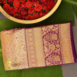 Gold Kanjivaram Silk Saree With Purple Contrast Border And Multicolour Floral Pallu