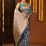 Regal Ocean Blue Floral Meenakari Jaal Banarasi Silk Saree