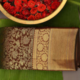Maroon Kanjivaram Silk Saree With Olive Floral Motifs And Gold Zari Border