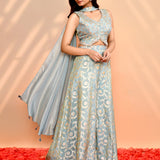 Aqua Blue Tissue Silk Indo-Western Set