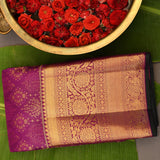 Pure Kanjivaram Silk Saree — Magenta With Heavy Gold Zari Self Border & Floral Scroll Pallu