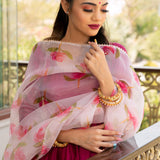 Magenta Rose Printed Silk Blend Anarkali Set With Olive Border