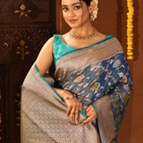Regal Ocean Blue Floral Meenakari Jaal Banarasi Silk Saree
