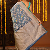 Regal Ocean Blue Floral Meenakari Jaal Banarasi Silk Saree