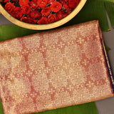Coral Red Kanjivaram Silk Saree With Navy Peacock Zari Border