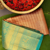 Pure Kanjivaram Silk Saree — Orange With Teal Contrast Border & Antique Gold Zari Pallu
